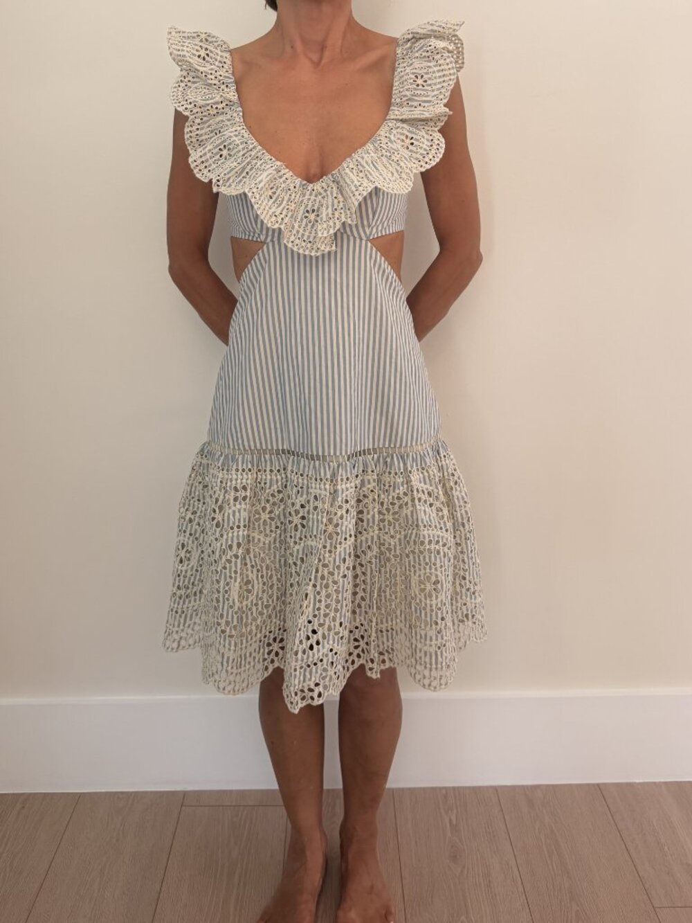 Zimmermann Meridian Stripe Frill Eyelet Cutout Dress Blue White Size 0